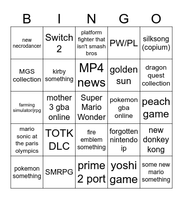 nintendo direct Bingo Card