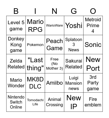 Nintendo Direct 9/14 Bingo Card