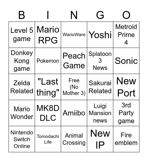 Nintendo Direct 9/14 Bingo Card