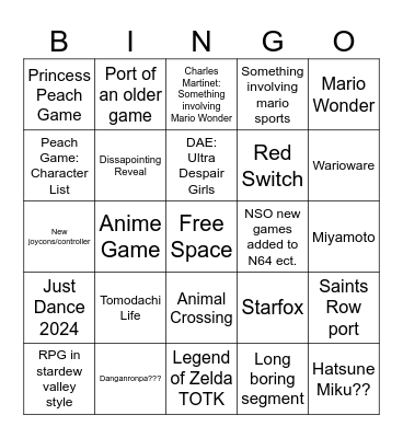09/14 Nintendo Direct Bingo Card