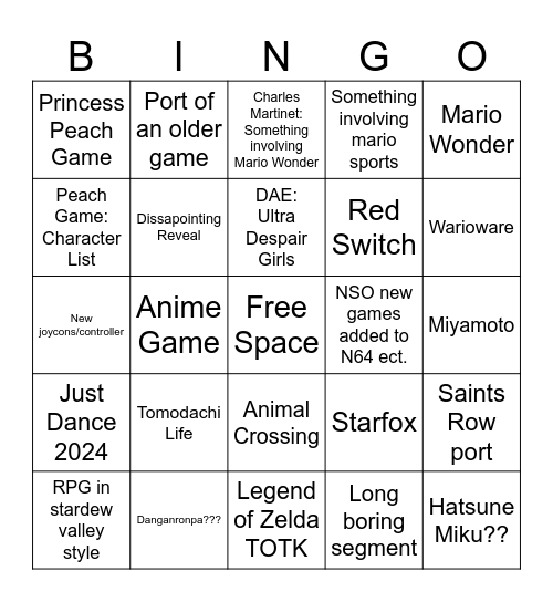 09/14 Nintendo Direct Bingo Card