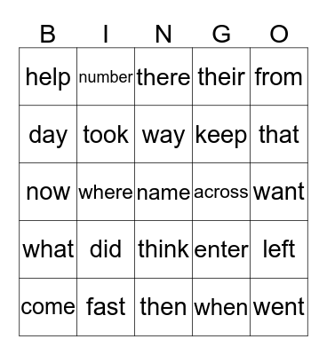 Sight Word Bingo Card