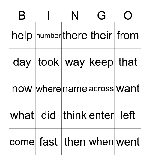 Sight Word Bingo Card