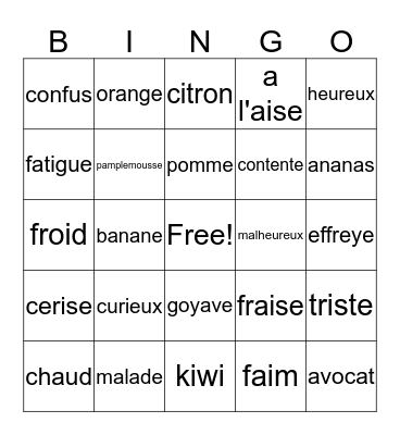 Les Sentiments et Les Fruits  Bingo Card