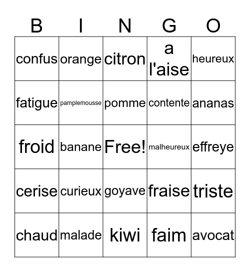 Les Sentiments et Les Fruits  Bingo Card
