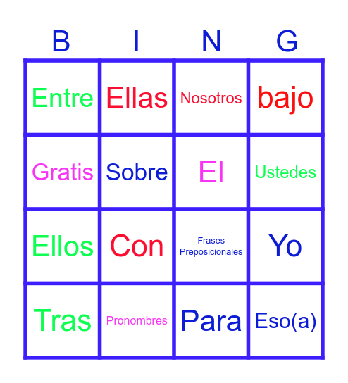 Loteria de Pronombres y Frases preposicionales Bingo Card