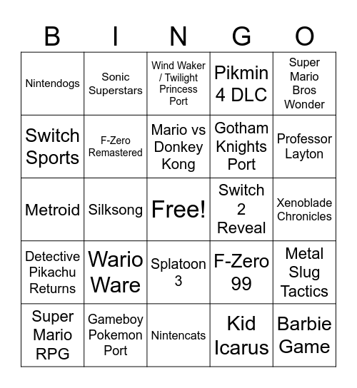 Nintendo Direct Bingo Card