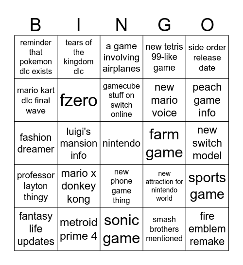 nintendo Bingo Card