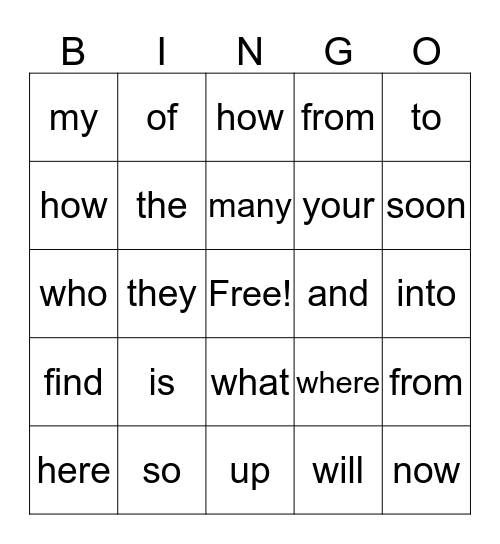 Key Word Bingo Card