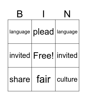 Vocabulary 1.2 Bingo Card