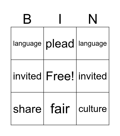 Vocabulary 1.2 Bingo Card