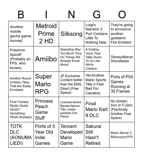 Nintendo Direct Bingo Card Bingo Card