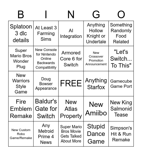 Nintendo 9/14 Direct Bingo Card