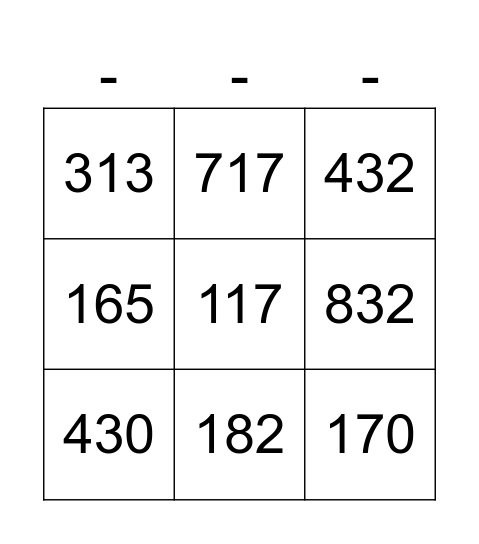 Subtraction Bingo Card