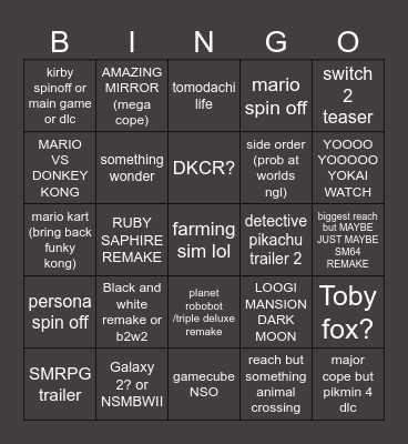 Nintendo Direct 9/14/2023 Bingo Card