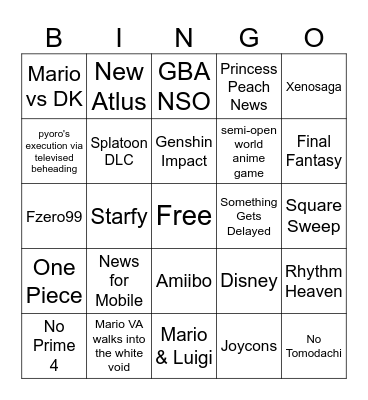 Nintendo Direct 09/14/2023 Bingo Card