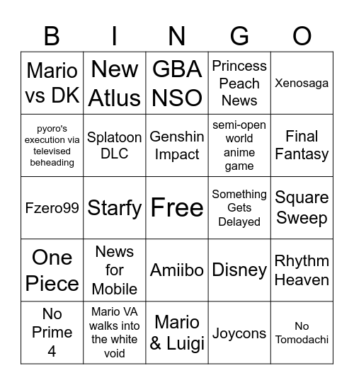 Nintendo Direct 09/14/2023 Bingo Card