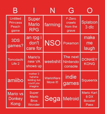 Nintendo Direct 9.14.23 Bingo Card