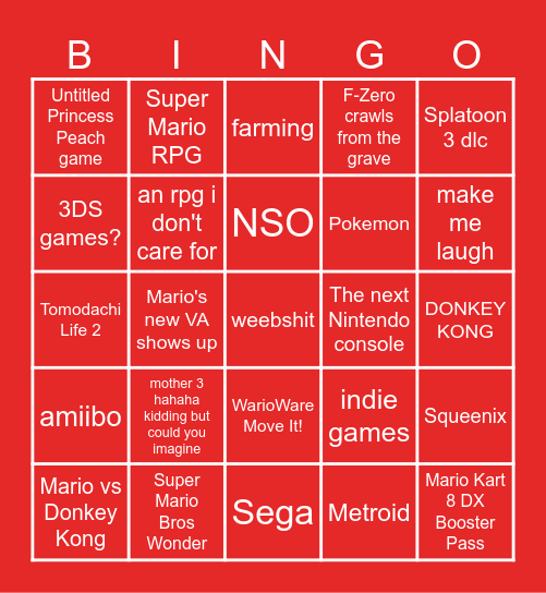 Nintendo Direct 9.14.23 Bingo Card