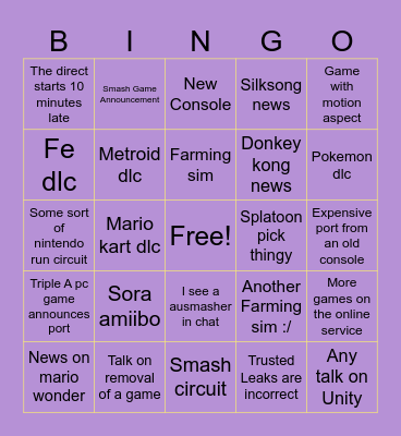 15th of Sept, Nintendo Direct Bingo Card