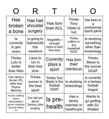 Ortho Bingo!!! Bingo Card