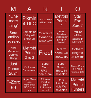 NINTENDO DIRECT SEPTEMBER 2023 Bingo Card