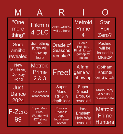 NINTENDO DIRECT SEPTEMBER 2023 Bingo Card