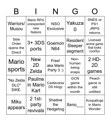 Nintendo Direct Bingo 9/14/23 Bingo Card