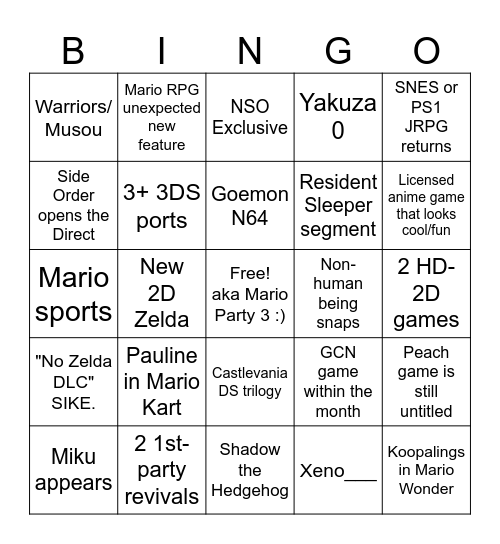 Nintendo Direct Bingo 9/14/23 Bingo Card