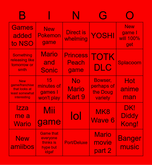 Nintendo Direct September 2023 Bingo Card