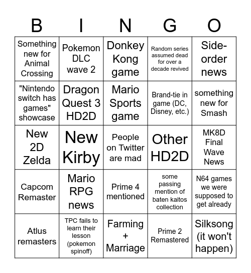 Nintendo Direct 9/14/23 Bingo Card
