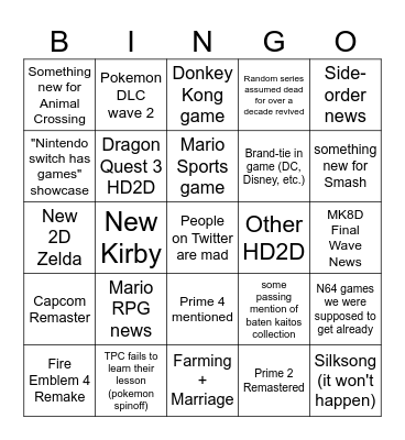 Nintendo Direct 9/14/23 Bingo Card