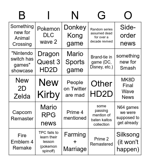 Nintendo Direct 9/14/23 Bingo Card