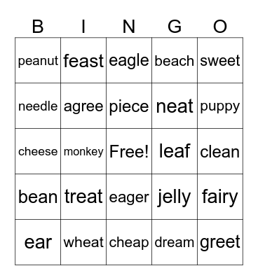 Long vowel - E sound Bingo Card