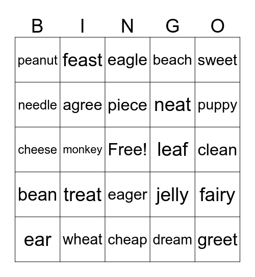 Long vowel - E sound Bingo Card