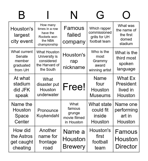 Houston Trivia Bingo Card