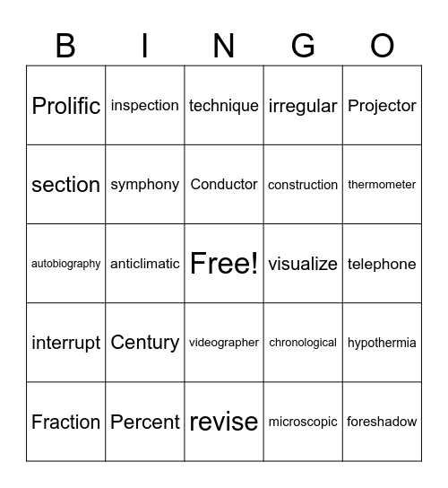 Roots and Prefixes Bingo Card