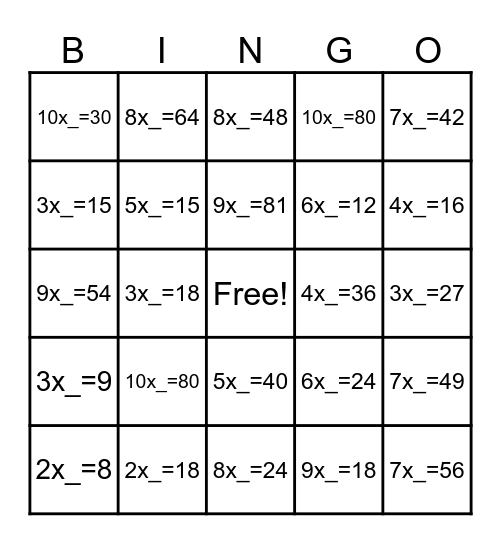 Multiplication Bingo Card