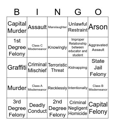 Penal Code Bingo Card