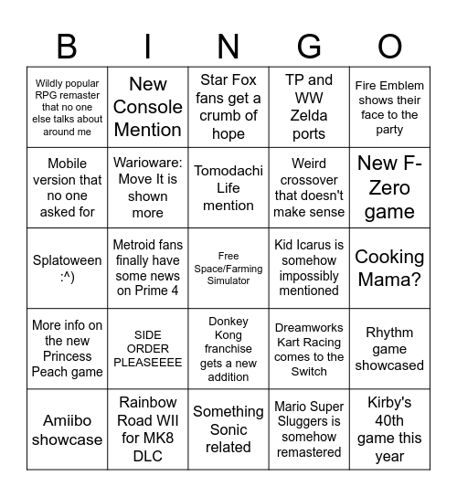 Nintendo Direct 9/14 Bingo Card