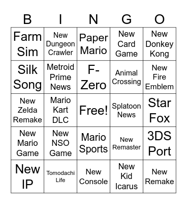 Nintendo Direct Bingo Card