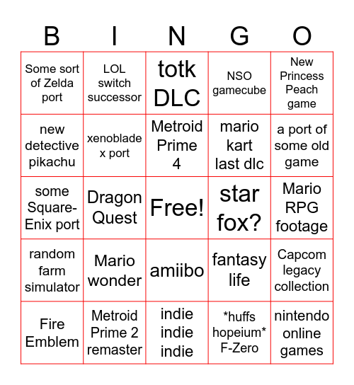 September Nintendo Direct bingo Card