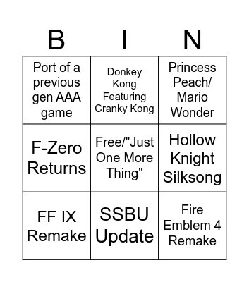 Nintendo Direct September 2023 Bingo Card