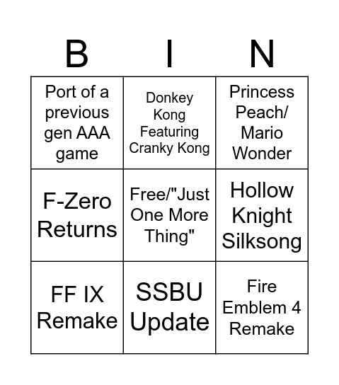 Nintendo Direct September 2023 Bingo Card