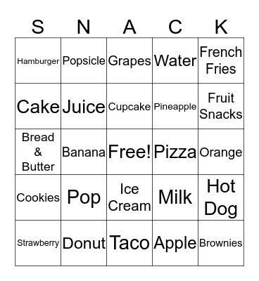 Snack Bingo Card