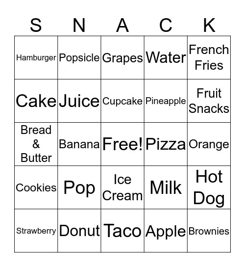 Snack Bingo Card