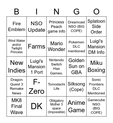 Nintendo Direct Bingo Card