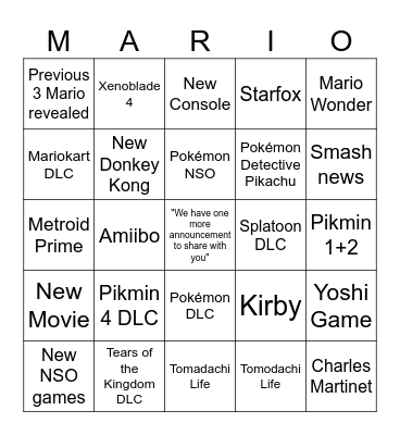 Nintendo Direct Bingo Card