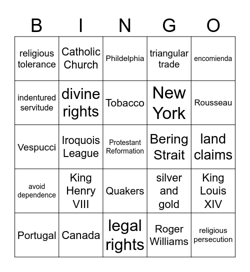 USH Unit 1 Review Bingo Card