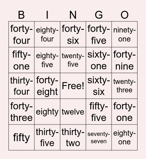 Learn the Numbers! Bingo Card